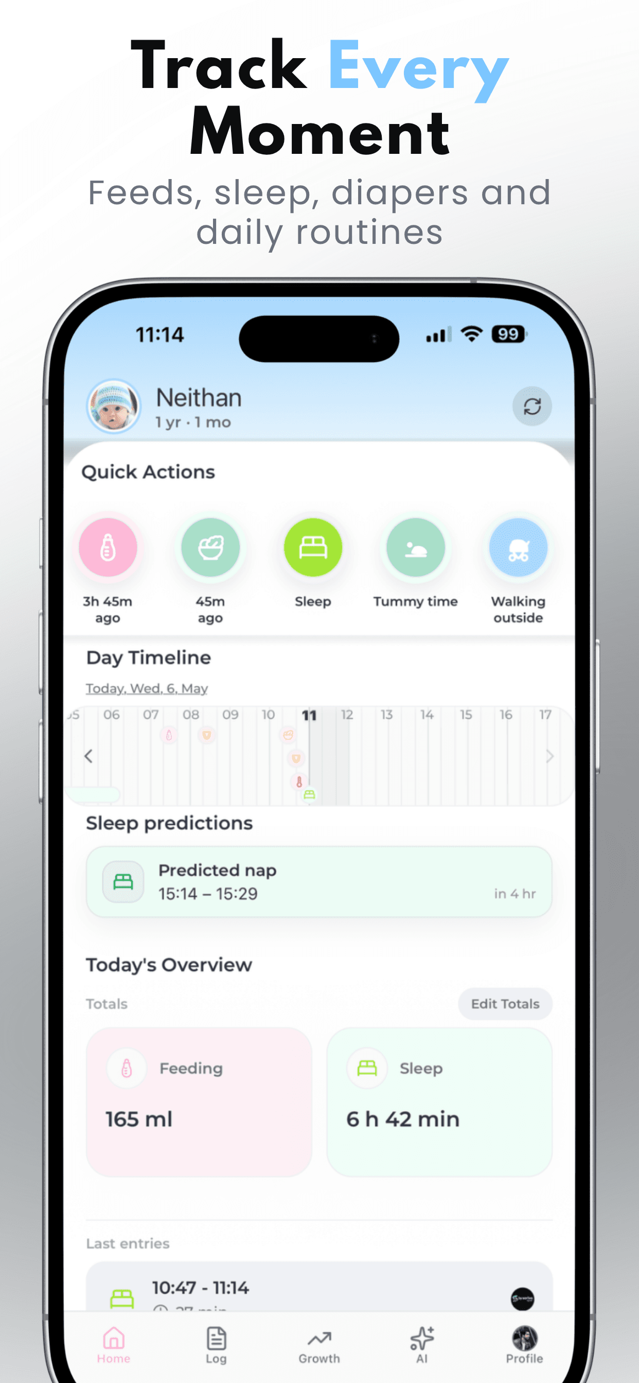 Main overview screen in Baby Tracker