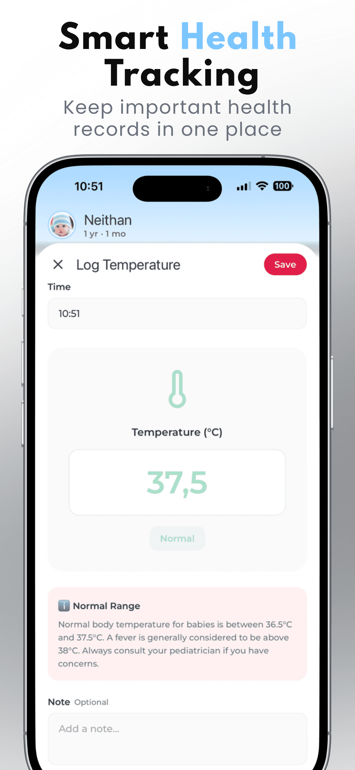 Temperature tracking screen in Baby Tracker