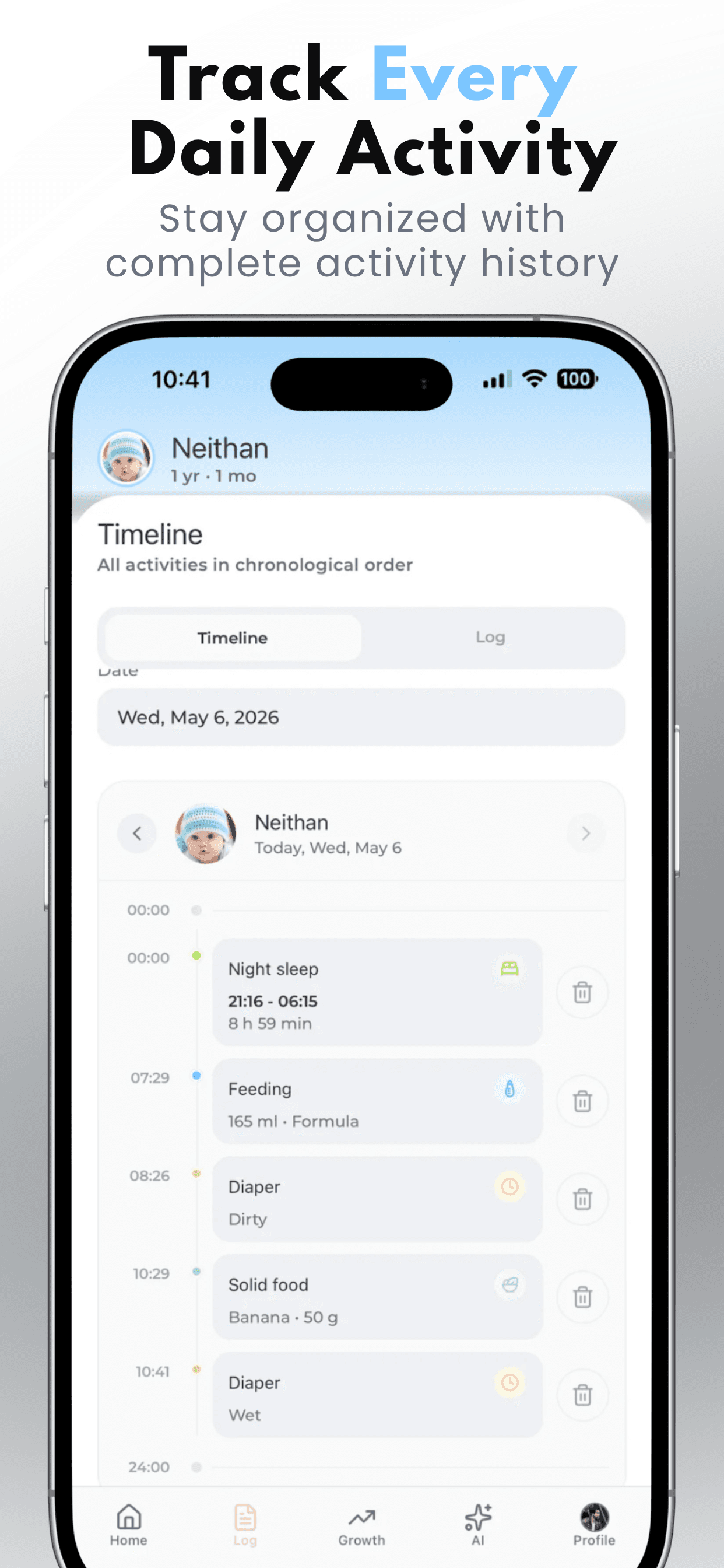 Baby tracker pediatrician report and daily timeline summary